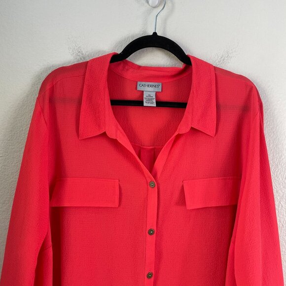 Catherines Womens Plus 2X Coral Button Up Blouse Roll Tab Sleeve Pocket Shirt - Picture 7 of 11